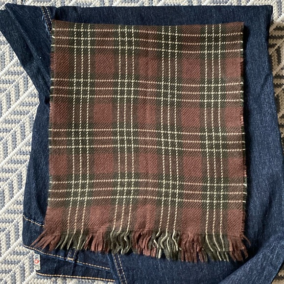 Vintage Burgundy/Olive Green/Tan Plaid Fringed Scarf - Picture 2 of 5